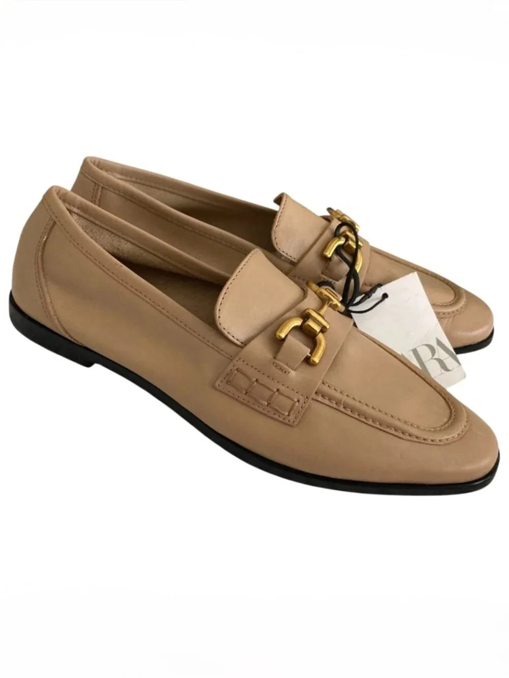 NWT Zara 100% Cow Leather Loafers with Gold Horsebit Decor Size 9 Camel Tan
